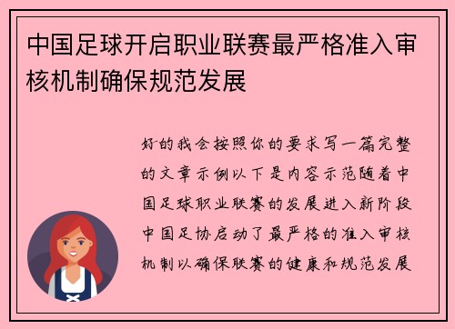 中国足球开启职业联赛最严格准入审核机制确保规范发展